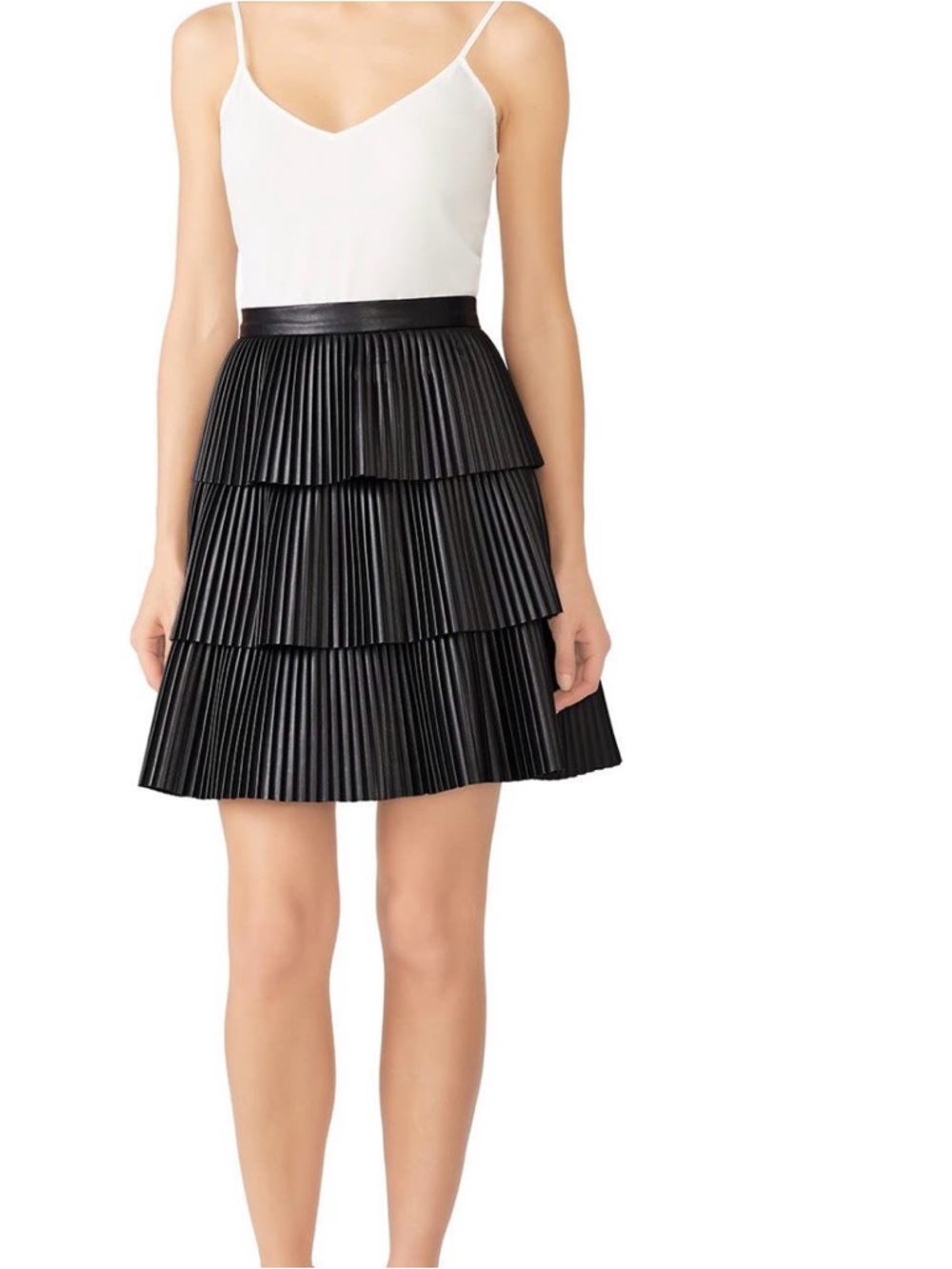 Tiered Pleated Vegan Leather Skirt - Women